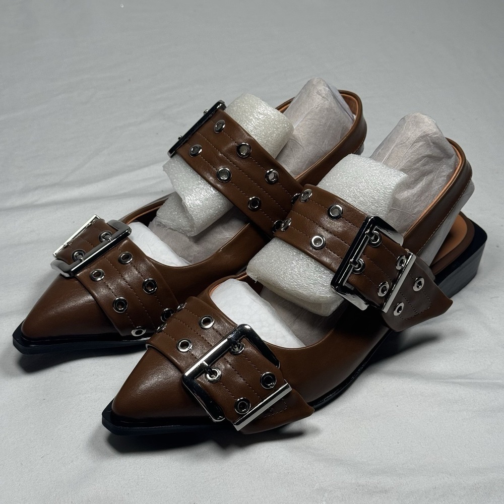 Womens Pointed Toe Mule Heels Brown Buckle Studded Slingback Low Heel 9.5